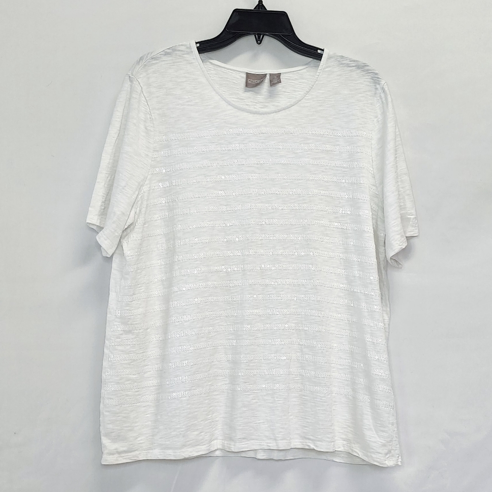 Chico's Heathered White Sequin Striped Short Sleeve Top